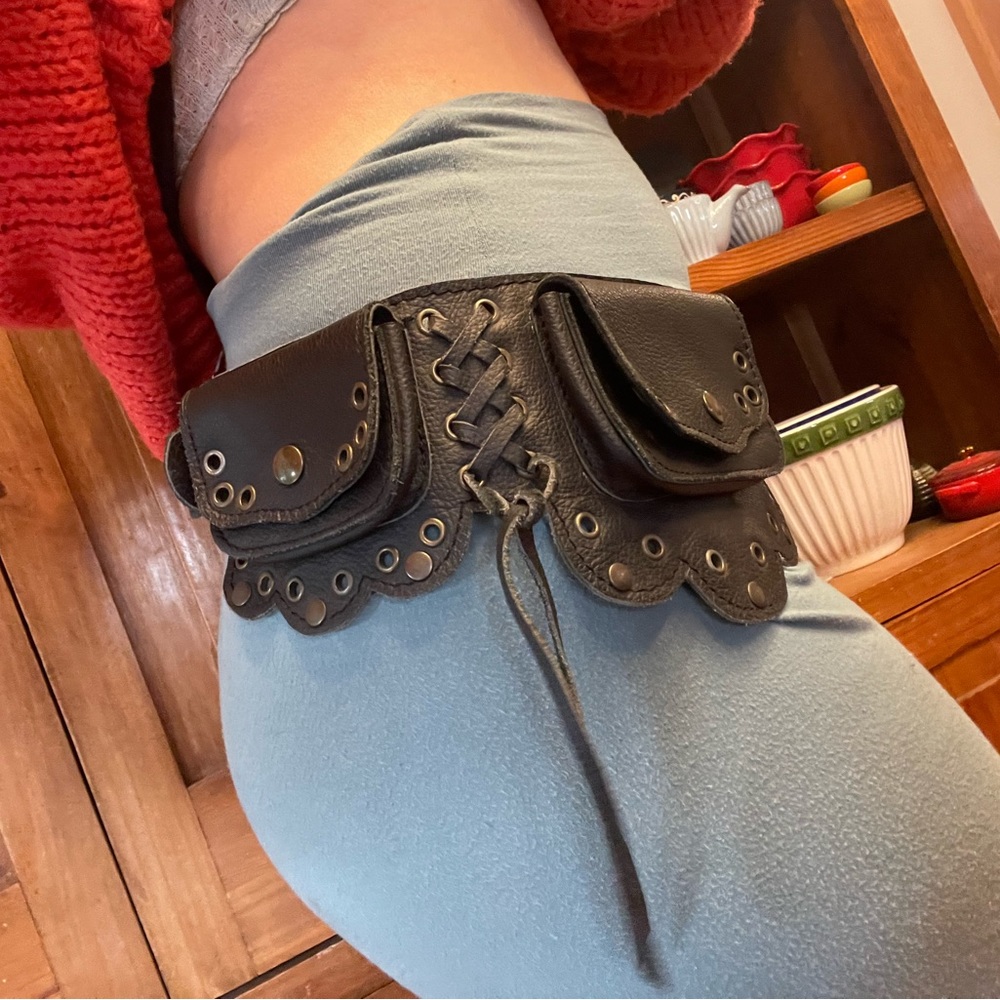 Black Leather Belt with Pouches